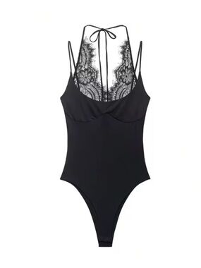 Black Lace-Back Bodysuit with Tie Neck